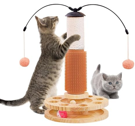 BORDEAG Giocattolo interattivo per gatti, 4 in 1, giocattolo per gatti, in legno, intelligente, gatto, corda in sisal, albero tiragraffi con palla da appendere, giocattolo per gatti, in legno, piccolo