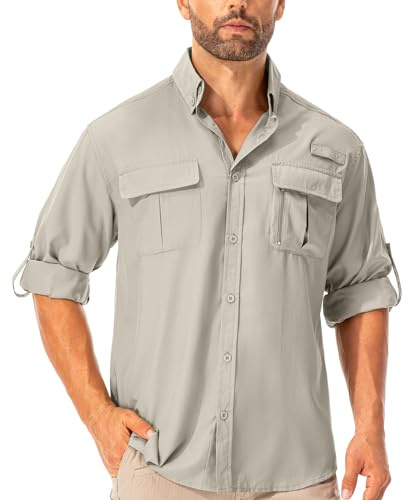 Asfixiado Hemd Herren Safari UPF50+ UV Schutz Wanderhemd Herren Langarm Funktionshemd Outdoorhemd Atmungsaktiv Schnelltrocknend Casual Button Down Shirts