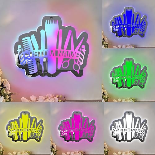 Condlin Personalisierter Name Mirror Barber Shop Friseur Acrylspiegel Farbwechselnder Mirror Friseur Shop Name Schilder Haar Shop Spiegel Friseur Kunstspiegel für Frauen Männer Friseur