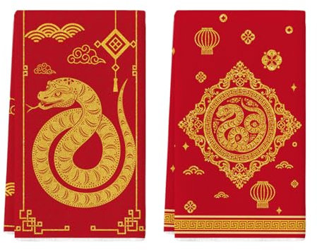 Artoid Mode Schlange Chinesischer Knoten Laterne Neujahr 2025 Küchentücher Geschirrtücher, 42x65 cm New Year Dekoration Polyester Handtücher 2er Set