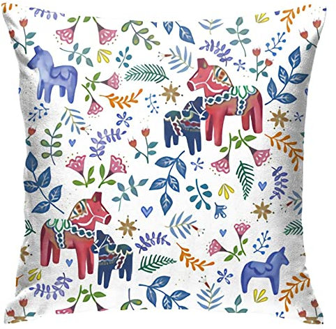 Kissenhülle 45X45cm Schwedische Dalapferde Mit Blumenmotiv Zierkissen Retro Kissenbezug Dekorativen Kopfkissenbezug Für Auto, Garten, Sommer