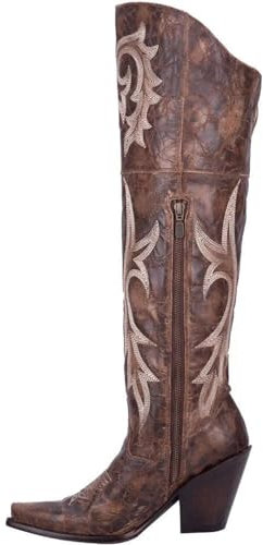FGRID Stivali da Cowboy Alti Fino al Ginocchio da Donna, Stivali Western con Tacco Spesso e Ricamo Vintage, Stivali da Cavaliere in Pelle Invernale con Cerniera Laterale,Marrone,44