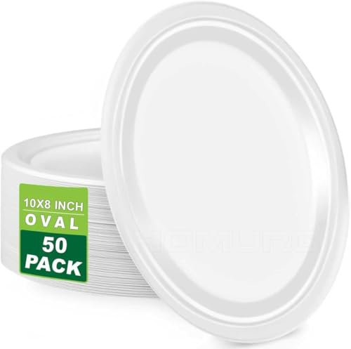 Paquete de 50 platos desechables ovalados grandes y resistentes de 10 x 8 pulgadas, platos desechables biodegradables de fibra de caña de azúcar, platos de fiesta para alimentos fríos y calientes,