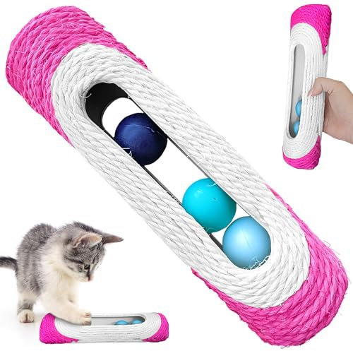 KUKIS SHOP®️ Juguete Interactivo para Gatos con 3 Bolas de Colores en su Interior y Rascador | Juguetes para Gatos Estimulación y Diversión | Ideal para Gatos Adultos y Bebé (Rosa)