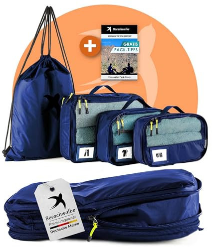 Packing Cubes Kompression für Koffer und Rucksack mit Packbeutel | mehr Platz im Koffer oder Backpack durch Kompression | Packwürfel Rucksack für deine Wander Ausrüstung (4-teilig, blau)