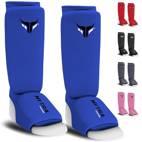 Junior Kickboxen Schienbeinschützer Leichter Schienbein Spann Bewachen dehnbar gepolsterte Training Schienbeinschoner Muay Thai, MMA Schienbeinschoner Kinder (XS, Blau)