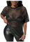 GORGLITTER Women's Fishnet Mesh Sheer Hollow Out T Shirts Crewneck Short Sleeve Loose Sexy Tops Black Large