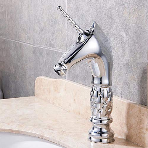 Einhorn-Badezimmerarmatur mit Kristallgehäuse, goldener wunderschöner Waschtischarmatur mit Drehgelenk, edles Design