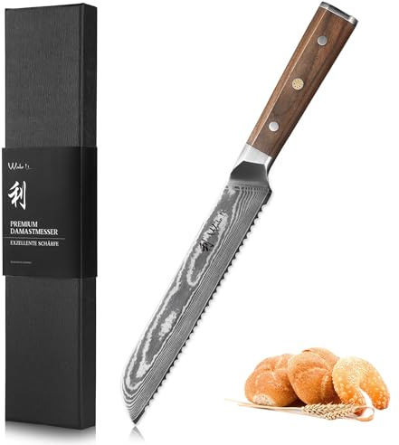 Wakoli Brotmesser 20 cm aus 67 Lagen Damaststahl, Wellenschliff, VG10-Kern | Full Tang, ergonomischer Walnussholzgriff, für Brot, Baguette, Brötchen, Kuchen und knusprige Krusten, inklusive Geschenkbox