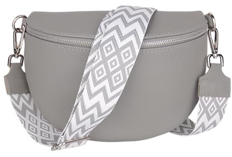 MIRROSI Damen Bauchtasche aus Echtleder, Made in Italy. Als Umhängetasche, Brust- oder Schultertasche tragbar, 26x20x8 cm, Reißverschlussfach hinten. (Grau: Boho)