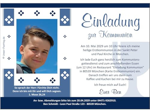 Einladungen zur Kommunion, für Jungs, mit oder ohne Foto, moderne Karten | blaue Raute, Text von Ihnen anpassbar, DIY, verschiedene Größen möglich, auch für Firmung, 5 - 100 Stück