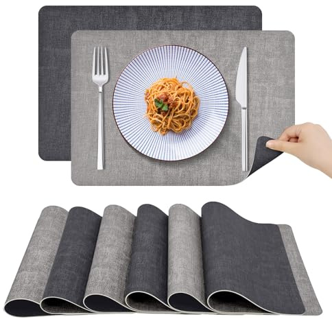 RoiYeel Platzsets Abwaschbar 6er Set, Leder Tischsets, Hellgrau/Grau | Doppelseitige Kunstleder Platzdeckchen 43x30cm, Wasserdicht, Rutschfest, Hitzebeständig, Abwischbar, Schmutzabweisend