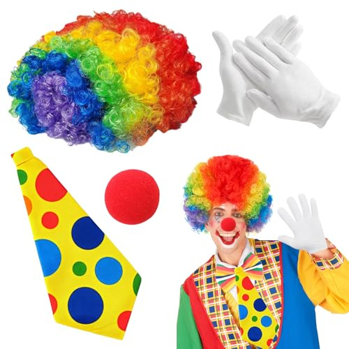 4 Stück Clown Kostüm Accessoires,Clown Lockenperücke + Clownsnasen Rot + Bunte Krawatte + Handschuhe,Lustige Zirkus Clownkostüm,Damen Herren für Schminke Partys Fasching Karneval Zirkusshow Halloween