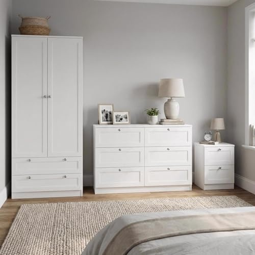 FWStyle Artus White Bedroom Furniture Set Wardrobe Chest & Bedside