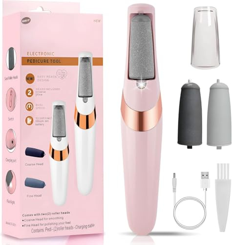 Electric Foot File, Rechargeable Callus Remover for Dry Skin, Pink | Removes Dry, Cracked, Hard Skin, 2-Speed Rechargeable, 4 Coarse & Fine Rollers, for Men/Women Home Spa, Easy-to-Clean Heads