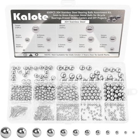 Kalote 650Stk Edelstahl Kugellager Kugeln Set,1mm-8mm für Fahrräder | Stahlkugeln, Edelstahlkugeln, Edelstahl Metallkugeln, Präzision Edelstahl Kugeln Kugellager Set für Rad Fahrradkugeln