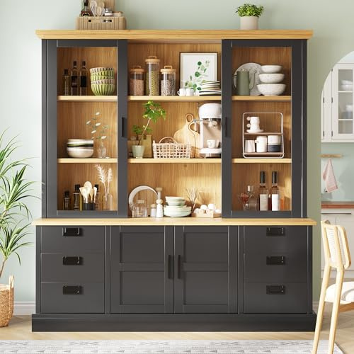 Jaxenor Küchenhochschrank mit 6 Großen Schubladen, Buffetschrank mit Glastüren, Kippschutz, Küchenschrank mit Metallschienen, Stauraumschrank für Küche, Esszimmer, Wohnzimmer, Schwarz