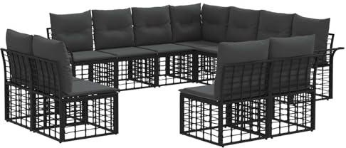 vidaXL Outdoor-Sofagarnitur 11 pcs Schwarz und Dunkelgrau Polyester, Garten-Sofa Set, modulares Design, wetterfest, Rattan, verstellbare Füße, für gemütliche Stunden draußen