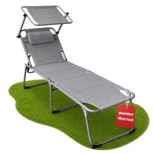 Sonnenliege klappbar gepolstert mit Kopfkissen & Sonnendach grau bis 150kg | 193x59x45cm extra hoch & breit - Gartenliege wetterfest Liegestuhl klappbar verstellbarer Rückenlehne Relaxliege Liege