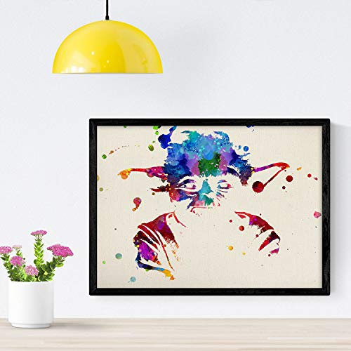 Nacnic Yoda Plakat Aquarell-Stil. Filmblätter, Filme und Schauspieler. Alte Filmplakate mit Aquarell-Stil. A4-Format