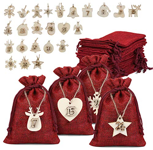 Naler 24 x Jutesäckchen Adventskalender Stoffbeutel mit Zahlen Holzanhänger Jute Beutel Säckchen für Weihnachten Geschenksäckchen - 10 x 14 cm