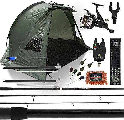 Complete Carp Fishing Bivvy Shelter Set up With 12ft 3 Piece Rod Reel Bite Alarm + Tackle & Bait
