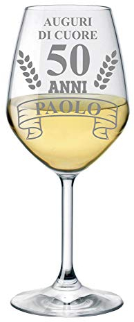 bubbleshirt Calice Vino Personalizzato con Nome Incisione Compleanno 50 Anni - Auguri di Cuore - Idea Regalo - Bicchiere in Vetro Chiaro, 500ml