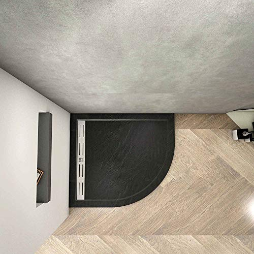 Piatto Doccia Semicircolare 80x80 cm in Pietra Vulcanica e Resina Mista Finitura Pietra Nera Ruvida Ultraslim 3 cm Antiscivolo Antibatterico