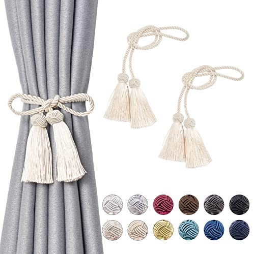 Pretty Jolly 2 Pack Double-ended Tassel Curtain Tiebacks Handmade Braided Rope Knot Drape Tie Backs European Style Decorative Curtain Holdbacks for Home & Office Window Drapery (Beige)
