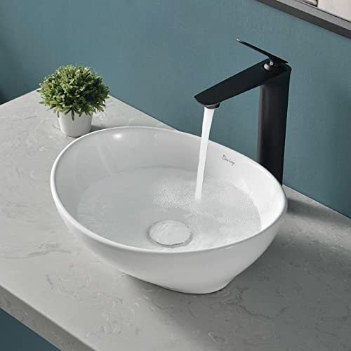 Davivy Lavello ovale da 40,6 x 33,5 cm con scarico pop-up, lavandini da bagno sopra il bancone, lavello bianco, lavandini per vasi da bagno, lavello in ceramica, lavello da banco, ciotole ovali per