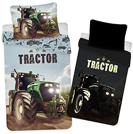 BrandMac ApS Bettwäsche-Set Traktor, Bettbezug 135x200 cm + 1 Kissenbezug 80x80 cm, 100% Baumwolle, Glow in The Dark