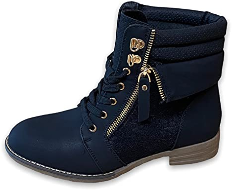 SDS Damen Stiefeletten Schnürer Boots - Stiefel mit Reißverschluss - Schnürstiefeletten Women Herbst Frühling Spitzen-Optik - W160 Schwarz Größe 39