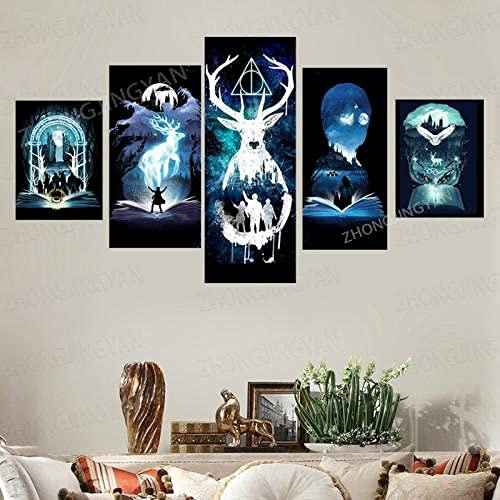 ZHRMGHG 5 Teilig Leinwand Wanddeko Harry Deer Potteres Aquarell Gerahmt Malerei Leinwanddrucke Geschenk 5 Stück Leinwand Bilder Moderne Wandbilder XXL Wohnzimmer Wohnkultur