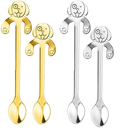 SGerste 4 Pcs Stainless Steel Coffee Spoon Set Cute Dog Hanging Cup Spoon for Dessert Drink Ice Cream Soup Sugar Teaspoon (Set B)