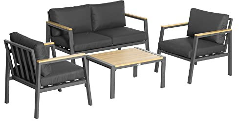 Outsunny 4 Piece Garden Sofa Set with Padded Cushions, 4-Seater Aluminium Outdoor Conversation Furniture Set with Coffee Table, Grey