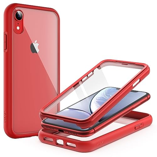 JETech Case for iPhone XR 6.1-Inch with Built-in Anti-Scratch Screen Protector, 360 Degree Full Body Rugged Phone Cover Clear-Back (Red)