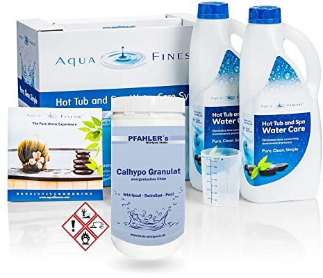 AquaFinesse Wasserpflegeset Verkaufsbox + Calhypo anorganisches Chlorgranulat Whirlpool Wasserpflege aqua finesse hot tub spa water care system all in one Pflegemittel Wasserpflege set