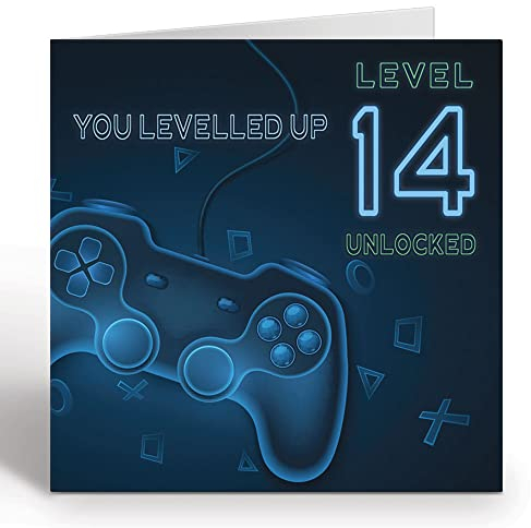 Geburtstagskarte für Teenager, Gamer, für Mädchen oder Jungen, Level 14, freigeschalteter Controller, Gaming-Geburtstagskarte mit blauem Umschlag, umweltfreundliche Karte von Giggle Greetings®