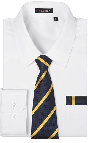 HISDERN Men's White Shirts Long Sleeve Smart Formal Plain Dress Shirt and Tie Set Business Casual Wedding Regular Fit L
