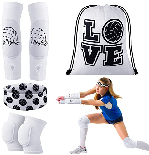 4 Accessori Pallavolo Include Ginocchiere Pallavolo Maniche a Braccio Pallavolo Zaino con Cordino Pallavolo Fasce Pallavolo Softball per Donne Ragazze Allenamento Danza Yoga (Bianco)