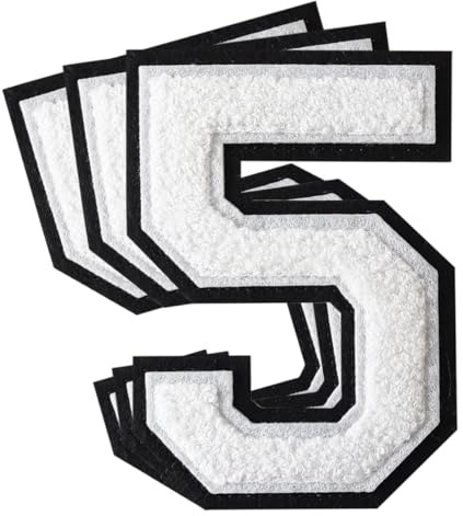 3Pcs Chenille Number Patches Iron on Patches Varsity Letter Patches Chenille Embroidered Patches Sew On Patches for Clothing Hat Bags Jackets Shirt (White, 5)