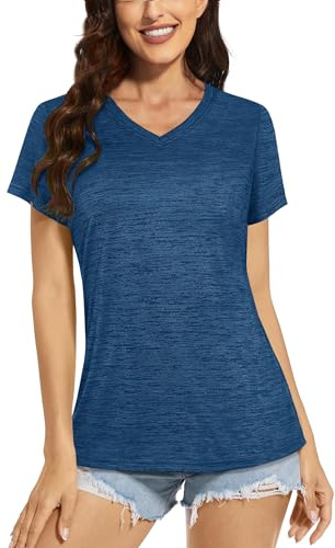 TACVASEN Women's Yoga Tops Short Sleeve V-Neck Shirts Moisture Wicking Performance Workout Shirt Medium Blue