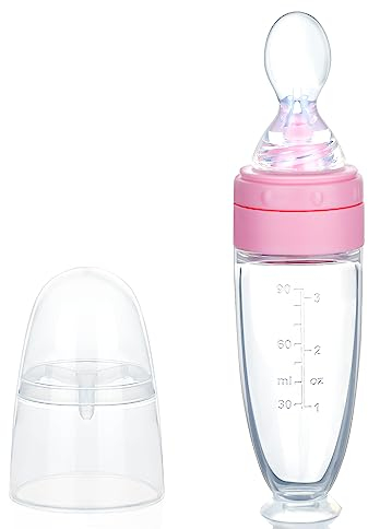Aolso Baby Food Dispensing Spoon, Silicone Infant Squeeze Feeding Bottle, Baby Bottle with Spoon for Cereal Puree,Solid Food,90ML (Pink)