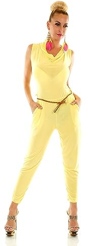 TA Fashion Damen Overall Hosenanzug Hose Jumpsuit Wasserfall Ausschnitt Flecht-Gürtel 34-38 (Gelb-Uni)