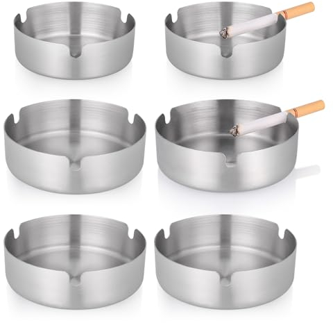 Huiguli 6 Piezas Cenicero de Acero Inoxidable, Ceniceros de Metal para Cigarrillos, Soporte Redondo Portátil de Metal para Interiores y Exteriores Hogar Oficina Patio, Mesa de Balcón, Plata