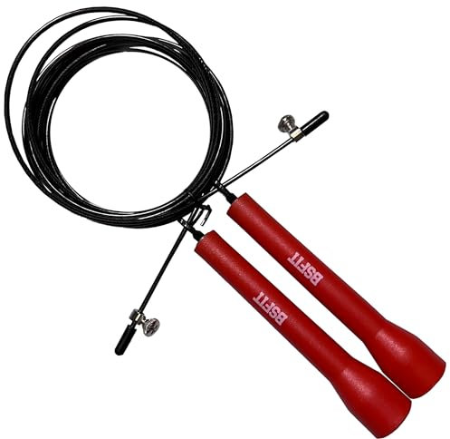BSFIT® Cuerda de Saltar | Comba Profesional para Fitness y Boxeo | Ideal para Cardio, Entrenamientos de Velocidad y Cross Training | Duradero y Ligero con Alta Adaptabilidad. (MANGO PLÁSTICO ROJO)