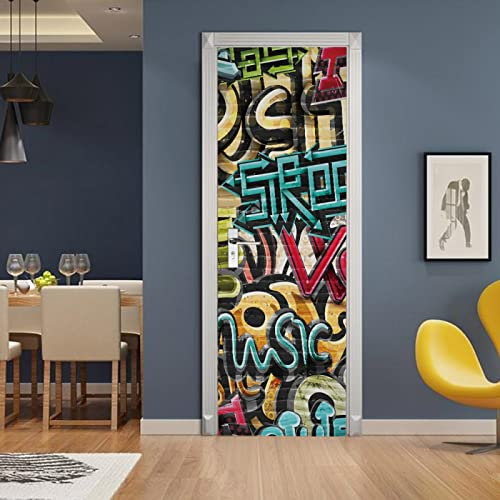 3D Türaufkleber Bunte Graffiti Türtapete Wandbild Selbstklebend PVC Wasserdicht Abnehmbar Türfolie TürPoster Fototapete Wohnzimmer Schlafzimmer küche bad büro Dekoration B90 x H200cm