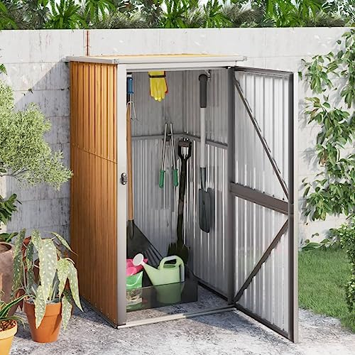 Hovothy Gerätehaus 88x89x161 cm Wand-Geräteschuppen Gartenschrank Wetterfest Geräteschuppen Gartenhaus Metall Fahrradunterstand Holzlager Hütte Braun