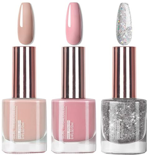 Nail Polish Set - Glitter Nude Nail Varnish Set - 3Pcs Glitter Nude Pink Nial Polish Natural Look - Quick Dry Nail Varnish Gift Set DIY Manicure Home (Glitter Nude)