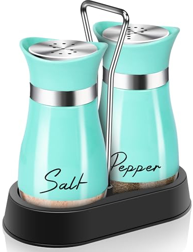 Juego de salero y pimentero verde azulado con soporte, decoración de cocina turquesa de 4 onzas y accesorios, accesorios de granja, mesa, regalo de inauguración de la casa, decoración de Navidad,